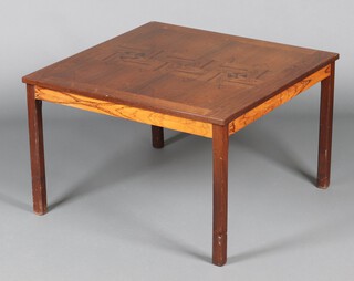 A mid-century rosewood finished square coffee table, raised on square tapered supports 46cm h x 72cm 