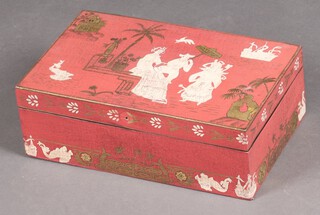 A rectangular red and white painted Chinese trinket box with hinged lid 13cm h x 40cm w x 25cm d 