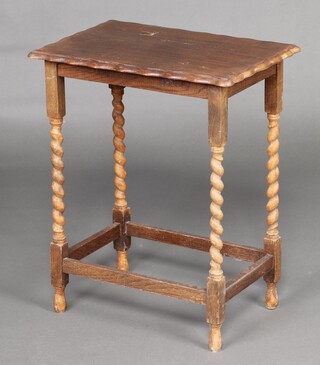 A 1930's rectangular oak occasional table with piecrust decoration on spiral turned supports 70cm h x 57cm w x 39cm d (contact marks in places)