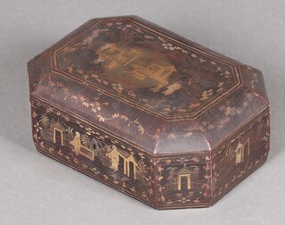 A 19th century chinoiserie style, lozenge shaped lacquered trinket box with hinged lid 10cm h x 28cm w x 29cm d 
