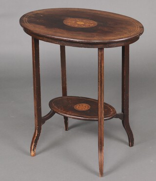 An Edwardian oval inlaid rosewood 2 tier occasional table raised on outswept supports 70cm h x 63cm w x 43cm d 