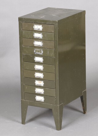 A green metal filing chest of 10 shallow drawers 72cm h x 29cm wide x 39cm d 