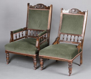 An Edwardian carved mahogany show frame armchair the seat and back upholstered in green material with bobbin turned decoration, together with a similar nursing chair 