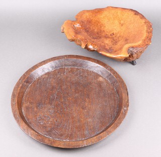 An Acacia bowl, the base marked Acacia Burr May 2018 37cm, together with a turned hardwood platter/rice tray 43cm 
