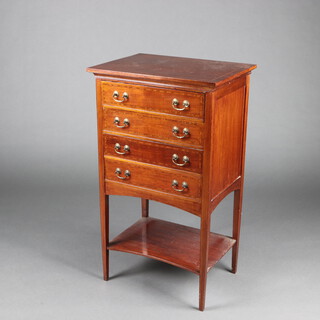 An Edwardian rectangular inlaid mahogany sheet music chest of 4 long drawers with undertier, raised on square tapered supports 92cm h x 53cm w x 38cm d 
