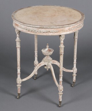 A 19th Century French bleached and painted circular occasional table decorated a lidded urn to the centre, on turned and fluted supports with X framed stretcher 71cm h x 60cm diam. 