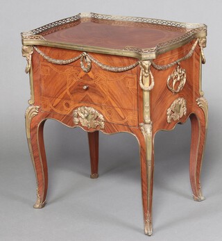 A 20th Century rectangular inlaid Kingwood and gilt metal mounted cabinet of serpentine outline with brass pierced metal 3/4 gallery, fitted a writing drawer and black leather writing surface above 2 drawers, raised on cabriole supports 79cm h x 64cm w x 49cm d 