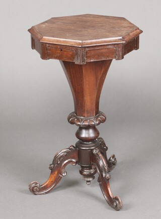 A Victorian octagonal rosewood work table of conical form, raised on pillar and tripod base 69cm h x 43cm w x 43cm d 