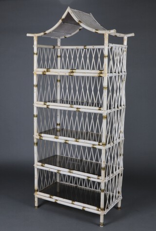 A 20th Century chinoiserie style painted bamboo 5 tier what-not with plate glass shelves 193cm h x 89cm w x 42cm d 