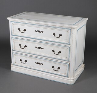 A 19th Century Continental white and blue painted pine chest of 3 long drawers with swan neck drop handles, raised on a platform base 81cm h x 102cm w x 50cm d 