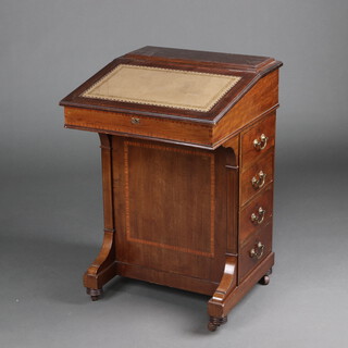 An Edwardian inlaid mahogany Davenport desk with light brown tooled leather writing surface, interior fitted 2 drawers, the pedestal fitted 4 short drawers 79cm h x 53cm w x 53cm d 