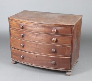 A 19th Century mahogany bow front chest of 4 drawers, raised on bun feet 77cm h x 100cm w x 58cm d 