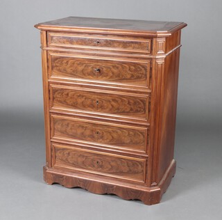 A 19th Century continental walnut chest of 5 drawers, raised on a platform base 113cm h x 90cm w x 56cm d  