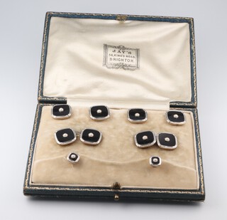 Six Art Deco square 18ct gold and platinum shirt front studs set demi-pearls, a pair of studs and a pair of cufflinks, 15g gross, contained in original Jay's of Brighton box