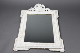 A 19th Century French rectangular plate mirror contained in a white painted plaster frame with floral decoration 100cm h x 69cm wide 