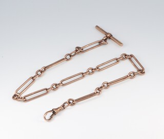 A 9ct gold fancy link watch chain with T-bar, 33cm, 22g