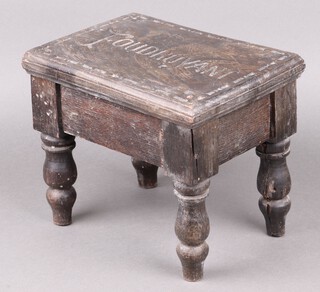 A 19th Century rectangular carved oak stool marked Foudroyant, on turned supports 23cm h x 30cm w x 21cm d 