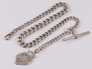 A silver curb link watch chain hung a medallion 40cm, 54 g