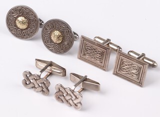 A pair of 925 rectangular pierced silver cufflinks in the form of a Celtic knot, pair of engraved 925 cufflinks and a pair of circular 925 cufflinks, 23g 