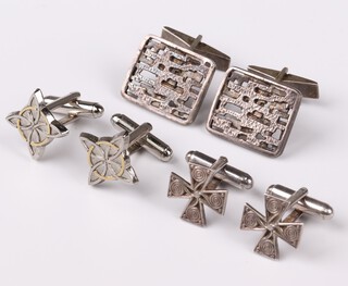 Three pairs of 925 silver cufflinks - rectangular and 2 pairs of cross form, 24g 