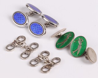 A pair of 925 silver and blue enamel oval cufflinks, a pair of 925 and enamel cufflinks in the form of golfers and a pair of Commonwealth cufflinks, 28g