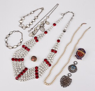A silver and enamelled watch chain medallion and 1 other, an enamelled Middlesex County Football Association Referees badge and other items of costume jewellery 