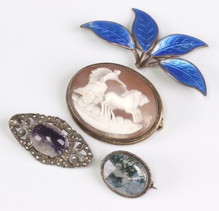 An oval shell carved cameo portrait brooch decorated a charioteer in gilt metal mount, a Norwegian Sterling silver floral shaped brooch, a small oval moss agate brooch 2cm and a "blue John" brooch  