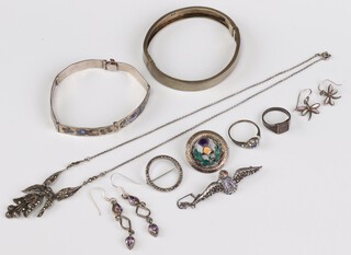 A silver bangle, a Sterling and enamel RAF sweetheart brooch and other items of costume jewellery 