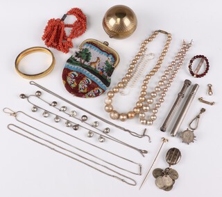 A Pygmalion gilt sphere shaped powder compact, a bead work purse and other items of costume jewellery 