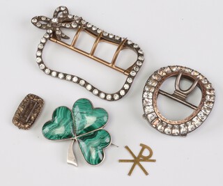 Two shoe buckles set brilliants, a gilt morning brooch (pin a/f) and a polished hardstone brooch in the form of a shamrock 