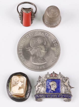 An Edward VIII May 12th 1937 enamelled lapel badge, a silver thimble, a shell carved cameo, dress ring set a rectangular stone and a Churchill crown  