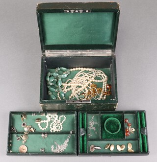 A green leather jewellery box containing green hardstone beads, simulated pearl necklaces etc