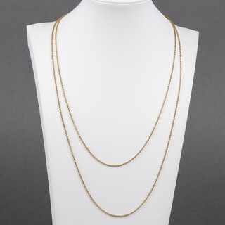 A gold, testing as 18ct, fine link long chain, 108cm, 10.8g