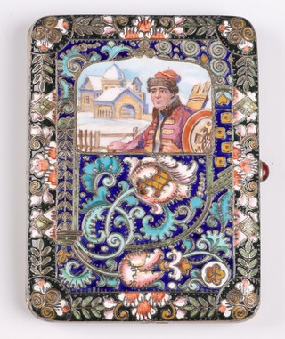 A 19th/20th Century Russian silver gilt and enamelled cigarette case decorated a figure in snowy landscape, marked 84, 11cm x 8cm 