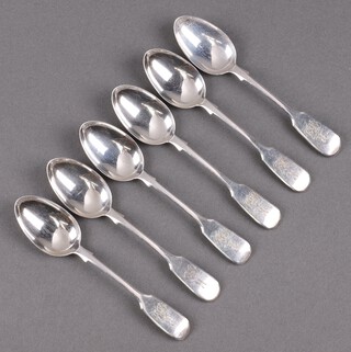 A set of 6 silver fiddle pattern teaspoons, Exeter 1865, by James and Josiah Williams, 81g 
