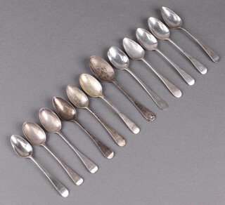 Ten various Georgian silver Old English pattern teaspoons and 2 others, 184g 