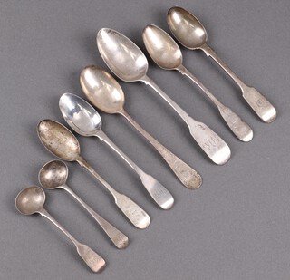 A Georgian silver Old English pattern teaspoon, Dublin 1811 by John Power, 4 Old English pattern teaspoons, 2 silver mustard spoons and 1 other spoon, 163g 