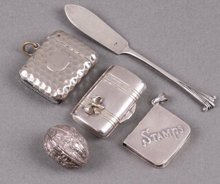 A silver butter knife London 1903, a silver tooth pick box marked 925 London 1993, a 925 trinket box in the form of a walnut and a 925 stamp case 70g, together with a silver plated vesta case 