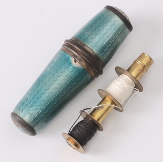 A green guilloche enamelled bobbin case converting to a thimble 5cm 
