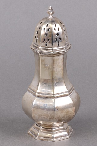 A silver sugar caster of octagonal baluster form, marks rubbed, 114g 
