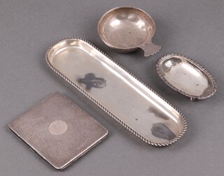 A rectangular silver snuffer tray with rope edge border, Chester 1905, 96g, an oval metal dish on bun feet 9cm, a folding wallet and a circular wine taster 7cm 
