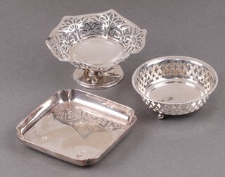 A square silver dish London 1964, a Brinks Sterling bowl and a pierced silver pedestal bowl (misshapen), 191g 