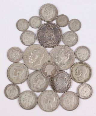 A Victorian 1890 crown, George V 1935 crown and various silver coinage (19) 