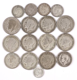 Three George V 1921 half crowns, 4 George V 1922 ditto, 3 other half crowns, 2 florins and other silver coinage 