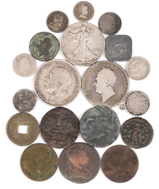 A 1916 George V half crown, a 1941 American 5 dollar and a collection of other coinage 