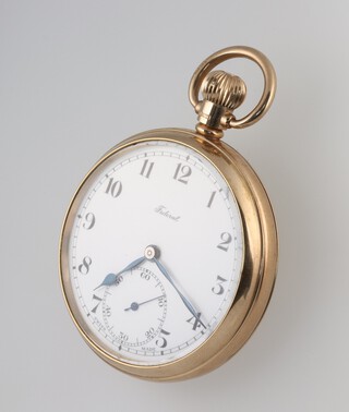 An open faced pocket watch, the enamelled dial marked Federal, with Arabic  numerals and subsidiary second hand, the movement marked Swiss made 17 jewels, contained in a 9ct gold case, marked Denison, 75 grams including movement and glass  