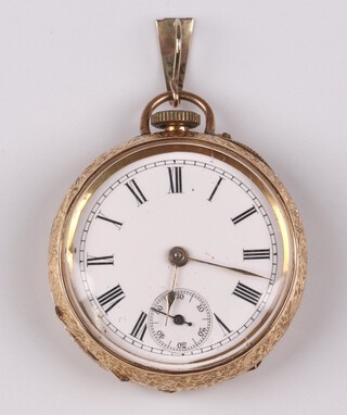 A fob watch with enamelled dial, Roman numerals, subsidiary second hand, having an unmarked Continental movement, contained in an 18ct gold case marked DF and C, 25g gross 