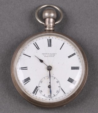 Of Horsham interests a silver open faced, keyless, pocket watch  with enamelled dial and subsidiary second hand, the dial marked Arthur Baker 59 Carfax, Horsham, Birmingham 1912 