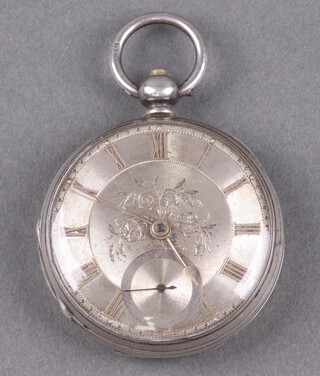 Of Horsham interest, M Bromley of Horsham, a fusee key wind open faced pocket watch with silvered dial, subsidiary second hand and gilt numerals, the movement no. 55639, contained in a silver case London 1867 (no key)  