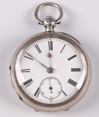 Of Horsham interest, D W Baker Horsham, an open  face pocket watch with enamelled dial, Roman numerals and subsidiary second hand, movement marked D W Baker Horsham 163342, contained in a silver case, Birmingham 1898, complete with key